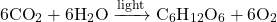 \[ 6 \text{CO}_2 + 6 \text{H}_2\text{O} \xrightarrow{\text{light}} \text{C}_6\text{H}_{12}\text{O}_6 + 6 \text{O}_2 \]