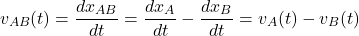 \[ v_{AB}(t) = \frac{dx_{AB}}{dt} = \frac{dx_A}{dt} - \frac{dx_B}{dt} = v_A(t) - v_B(t) \]