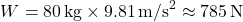 \[ W = 80 \, \text{kg} \times 9.81 \, \text{m/s}^2 \approx 785 \, \text{N} \]