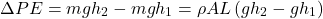 \[ \Delta PE = mgh_2 - mgh_1 = \rho AL \left( gh_2 - gh_1 \right) \]