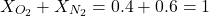 \[ X_{O_2} + X_{N_2} = 0.4 + 0.6 = 1 \]