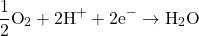 \[ \frac{1}{2}\text{O}_2 + 2\text{H}^+ + 2\text{e}^- \rightarrow \text{H}_2\text{O} \]