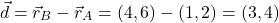 \[ \vec{d} = \vec{r}_B - \vec{r}_A = (4,6) - (1,2) = (3,4) \]