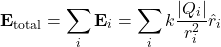 \[ \mathbf{E}_{\text{total}} = \sum_{i} \mathbf{E}_i = \sum_{i} k \frac{|Q_i|}{r_i^2} \hat{r}_i \]