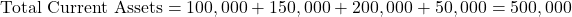 \[ \text{Total Current Assets} = 100,000 + 150,000 + 200,000 + 50,000 = 500,000 \]