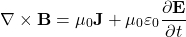 \[ \nabla \times \mathbf{B} = \mu_0 \mathbf{J} + \mu_0 \varepsilon_0 \frac{\partial \mathbf{E}}{\partial t} \]