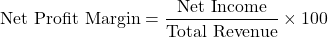 \[ \text{Net Profit Margin} = \frac{\text{Net Income}}{\text{Total Revenue}} \times 100 \]