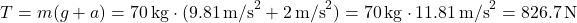 \[ T = m(g + a) = 70 \, \text{kg} \cdot (9.81 \, \text{m/s}^2 + 2 \, \text{m/s}^2) = 70 \, \text{kg} \cdot 11.81 \, \text{m/s}^2 = 826.7 \, \text{N} \]