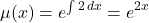 \[ \mu(x) = e^{\int 2 \, dx} = e^{2x} \]