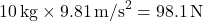 10 \, \text{kg} \times 9.81 \, \text{m/s}^2 = 98.1 \, \text{N}