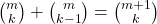 \binom{m}{k} + \binom{m}{k-1} = \binom{m+1}{k}