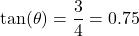 \[ \text{tan}(\theta) = \frac{3}{4} = 0.75 \]