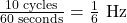 \frac{10 \text{ cycles}}{60 \text{ seconds}} = \frac{1}{6} \text{ Hz}