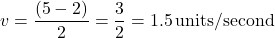 \[ v = \frac{(5 - 2)}{2} = \frac{3}{2} = 1.5 \, \text{units/second} \]