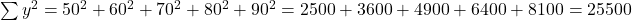 \sum y^2 = 50^2 + 60^2 + 70^2 + 80^2 + 90^2 = 2500 + 3600 + 4900 + 6400 + 8100 = 25500