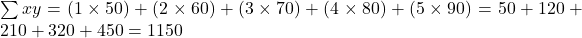 \sum xy = (1 \times 50) + (2 \times 60) + (3 \times 70) + (4 \times 80) + (5 \times 90) = 50 + 120 + 210 + 320 + 450 = 1150