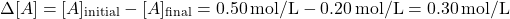 \[ \Delta [A] = [A]_{\text{initial}} - [A]_{\text{final}} = 0.50 \, \text{mol/L} - 0.20 \, \text{mol/L} = 0.30 \, \text{mol/L} \]