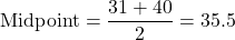 \[ \text{Midpoint} = \frac{31 + 40}{2} = 35.5 \]