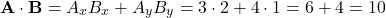 \[ \mathbf{A} \cdot \mathbf{B} = A_x B_x + A_y B_y = 3 \cdot 2 + 4 \cdot 1 = 6 + 4 = 10 \]