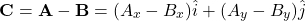 \[ \mathbf{C} = \mathbf{A} - \mathbf{B} = (A_x - B_x) \hat{i} + (A_y - B_y) \hat{j} \]