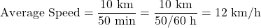 \[ \text{Average Speed} = \frac{10 \text{ km}}{50 \text{ min}} = \frac{10 \text{ km}}{50/60 \text{ h}} = 12 \text{ km/h} \]