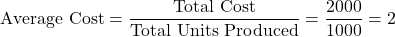 \[ \text{Average Cost} = \frac{\text{Total Cost}}{\text{Total Units Produced}} = \frac{2000}{1000} = 2 \]