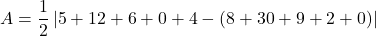 \[ A = \frac{1}{2} \left| 5 + 12 + 6 + 0 + 4 - (8 + 30 + 9 + 2 + 0) \right| \]