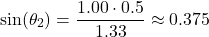 \[ \sin(\theta_2) = \frac{1.00 \cdot 0.5}{1.33} \approx 0.375 \]