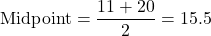 \[ \text{Midpoint} = \frac{11 + 20}{2} = 15.5 \]