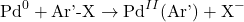 \[ \text{Pd}^0 + \text{Ar'-X} \rightarrow \text{Pd}^{II}(\text{Ar'}) + \text{X}^- \]