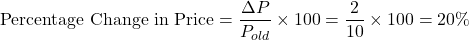 \[ \text{Percentage Change in Price} = \frac{\Delta P}{P_{old}} \times 100 = \frac{2}{10} \times 100 = 20\% \]