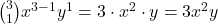 \binom{3}{1} x^{3-1} y^1 = 3 \cdot x^2 \cdot y = 3x^2y