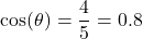 \[ \text{cos}(\theta) = \frac{4}{5} = 0.8 \]