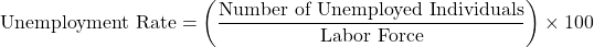\[ \text{Unemployment Rate} = \left( \frac{\text{Number of Unemployed Individuals}}{\text{Labor Force}} \right) \times 100 \]