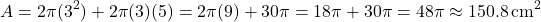 \[ A = 2\pi(3^2) + 2\pi(3)(5) = 2\pi(9) + 30\pi = 18\pi + 30\pi = 48\pi \approx 150.8 \, \text{cm}^2 \]