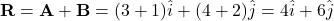 \[ \mathbf{R} = \mathbf{A} + \mathbf{B} = (3 + 1) \hat{i} + (4 + 2) \hat{j} = 4 \hat{i} + 6 \hat{j} \]