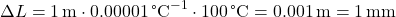 \[ \Delta L = 1 \, \text{m} \cdot 0.00001 \, \text{°C}^{-1} \cdot 100 \, \text{°C} = 0.001 \, \text{m} = 1 \, \text{mm} \]