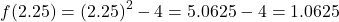 \[ f(2.25) = (2.25)^2 - 4 = 5.0625 - 4 = 1.0625 \]