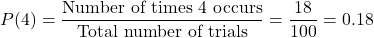 \[ P(4) = \frac{\text{Number of times } 4 \text{ occurs}}{\text{Total number of trials}} = \frac{18}{100} = 0.18 \]