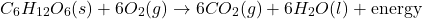 \[ C_6H_{12}O_6(s) + 6O_2(g) \rightarrow 6CO_2(g) + 6H_2O(l) + \text{energy} \]