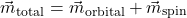 \[ \vec{m}_{\text{total}} = \vec{m}_{\text{orbital}} + \vec{m}_{\text{spin}} \]