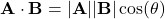 \[ \mathbf{A} \cdot \mathbf{B} = |\mathbf{A}| |\mathbf{B}| \cos(\theta) \]