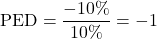 \[ \text{PED} = \frac{-10\%}{10\%} = -1 \]