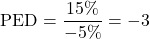 \[ \text{PED} = \frac{15\%}{-5\%} = -3 \]