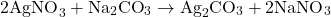 \[ 2 \text{AgNO}_3 + \text{Na}_2\text{CO}_3 \rightarrow \text{Ag}_2\text{CO}_3 + 2 \text{NaNO}_3 \]