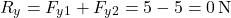 \[ R_y = F_{y1} + F_{y2} = 5 - 5 = 0 \, \text{N} \]