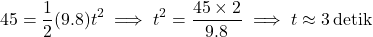 \[ 45 = \frac{1}{2}(9.8)t^2 \implies t^2 = \frac{45 \times 2}{9.8} \implies t \approx 3 \, \text{detik} \]