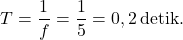 \[ T = \frac{1}{f} = \frac{1}{5} = 0,2 \, \text{detik.} \]