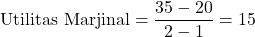 \[ \text{Utilitas Marjinal} = \frac{35 - 20}{2 - 1} = 15 \]