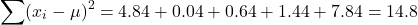 \[ \sum (x_i - \mu)^2 = 4.84 + 0.04 + 0.64 + 1.44 + 7.84 = 14.8 \]